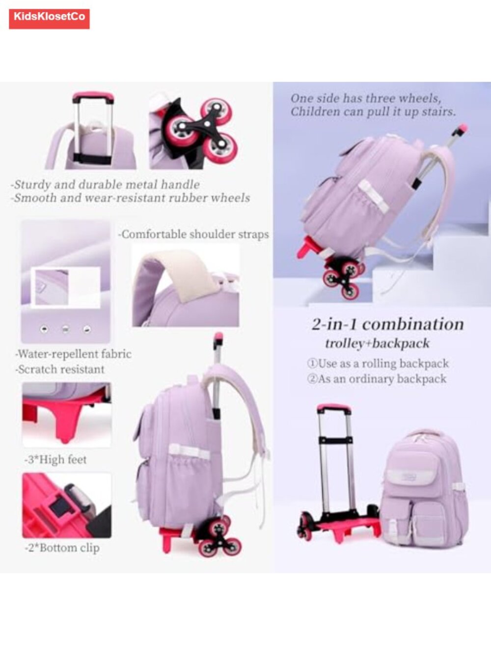 Kids Rolling Backpack with Wheels Trolley Bag for School Boys Girls, Nylon - Picture 4 of 5